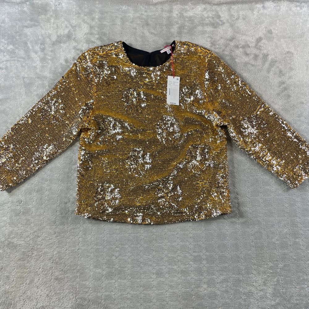 Frances Valentine Taylor Top Blouse Women XS Gold Sequin Party Floral Shimmering